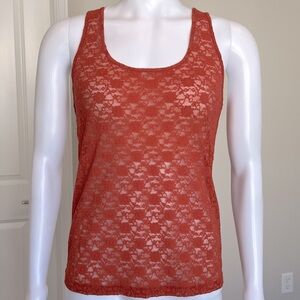 Sheer Burnt Orange Floral Lace Tank w/Scoop Back